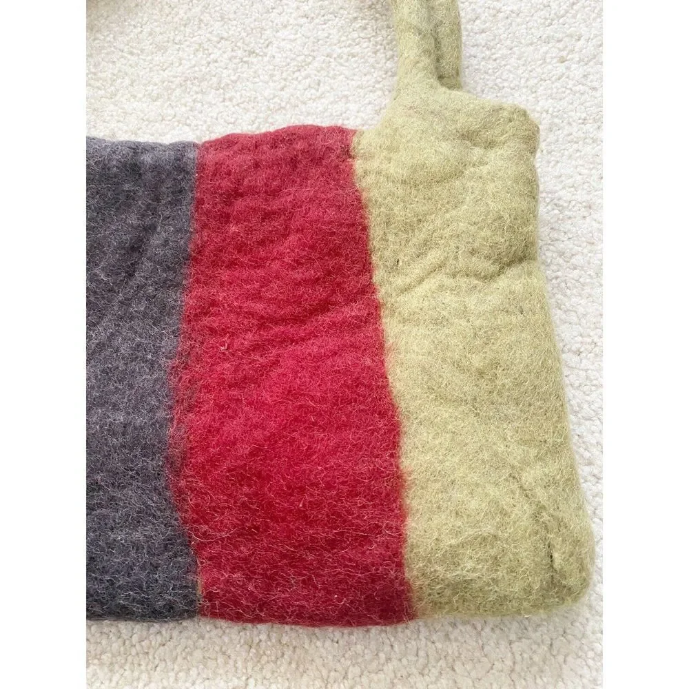 Nepal Woolen Felt Tote Handbag Green Grey Striped Lined Fall Winter Rising Tide
